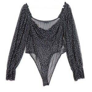PRETTYLITTLETHING Black Polka Dot Mesh Square Neck Long Sleeve‎ Bodysuit US 12